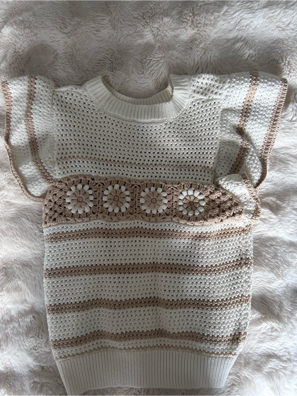 Elie Tahari Cream and Tan Crochet Stripe Knit Top